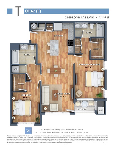 Floor plan for 2 beds, 2 baths, 1145 sqft